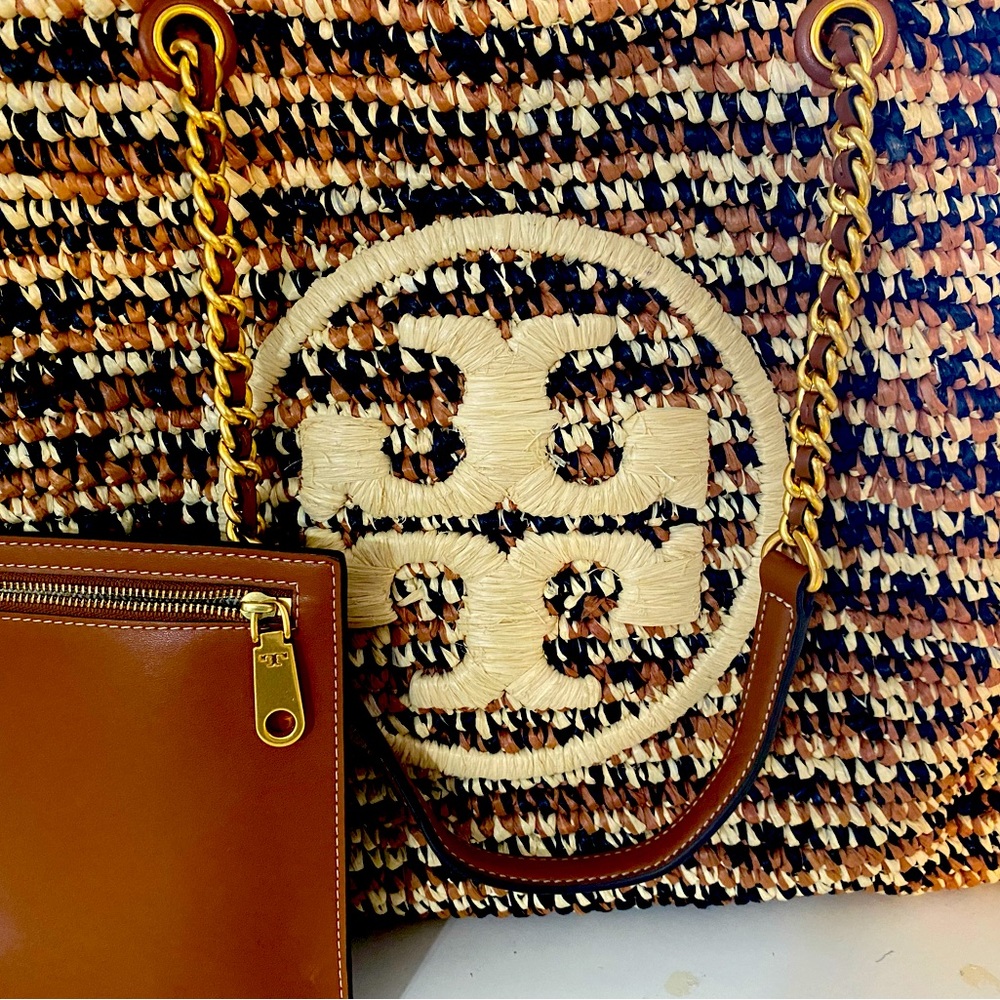 Tory Burch large raffia tote with leather pouch included